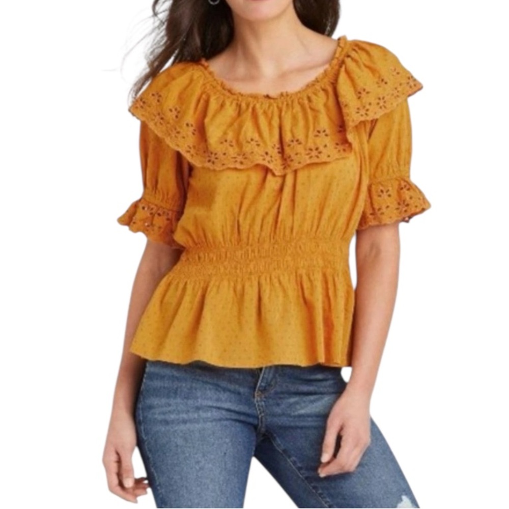 Universal Thread Mustard Eyelet Embroidered Boho Peasant Top Small Off Shoulder